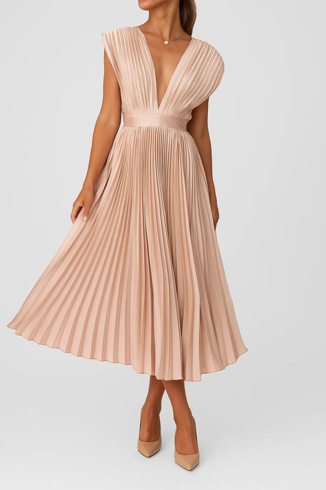 Mid-length pleated dress with V-neck | Timeless elegance