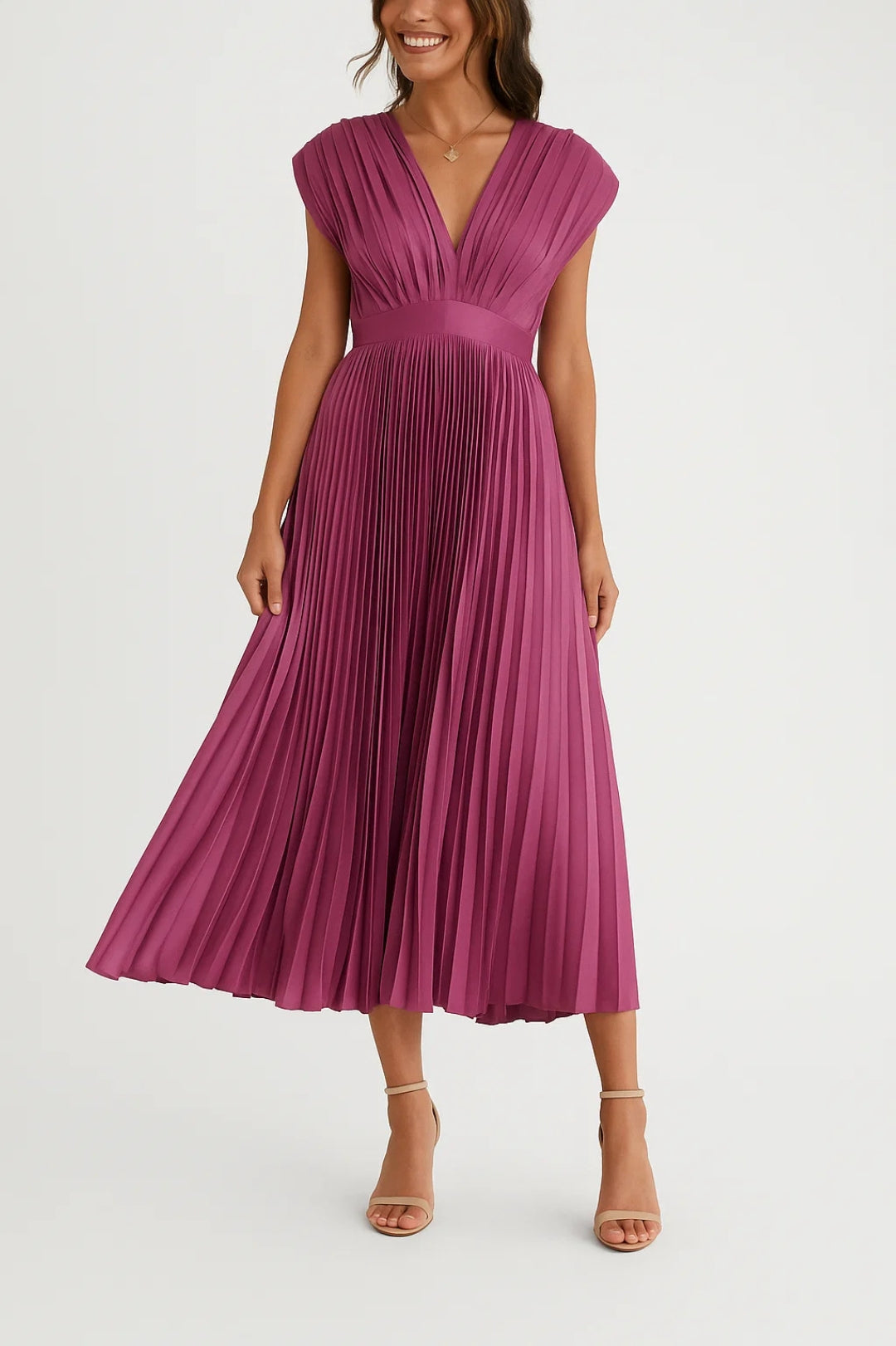 Mid-length pleated dress with V-neck | Timeless elegance