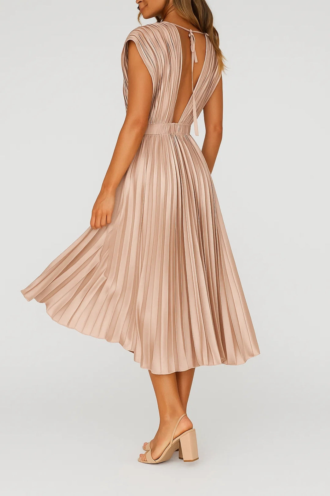 Mid-length pleated dress with V-neck | Timeless elegance