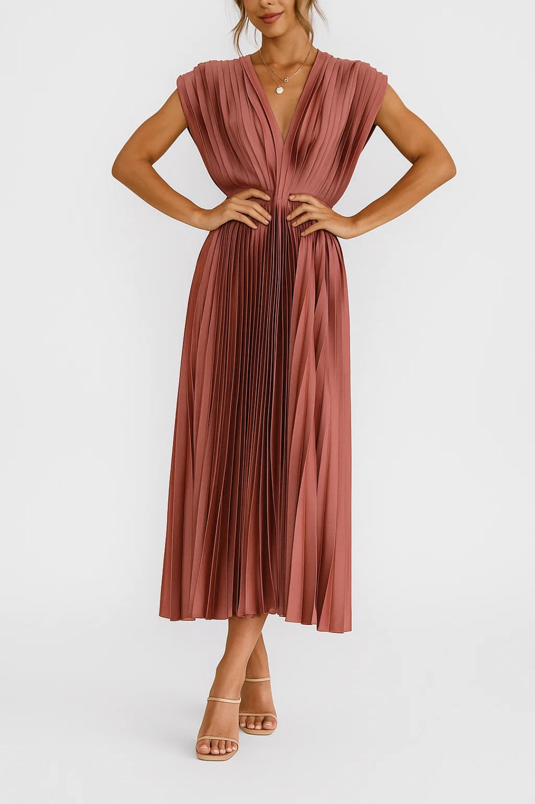 Mid-length pleated dress with V-neck | Timeless elegance