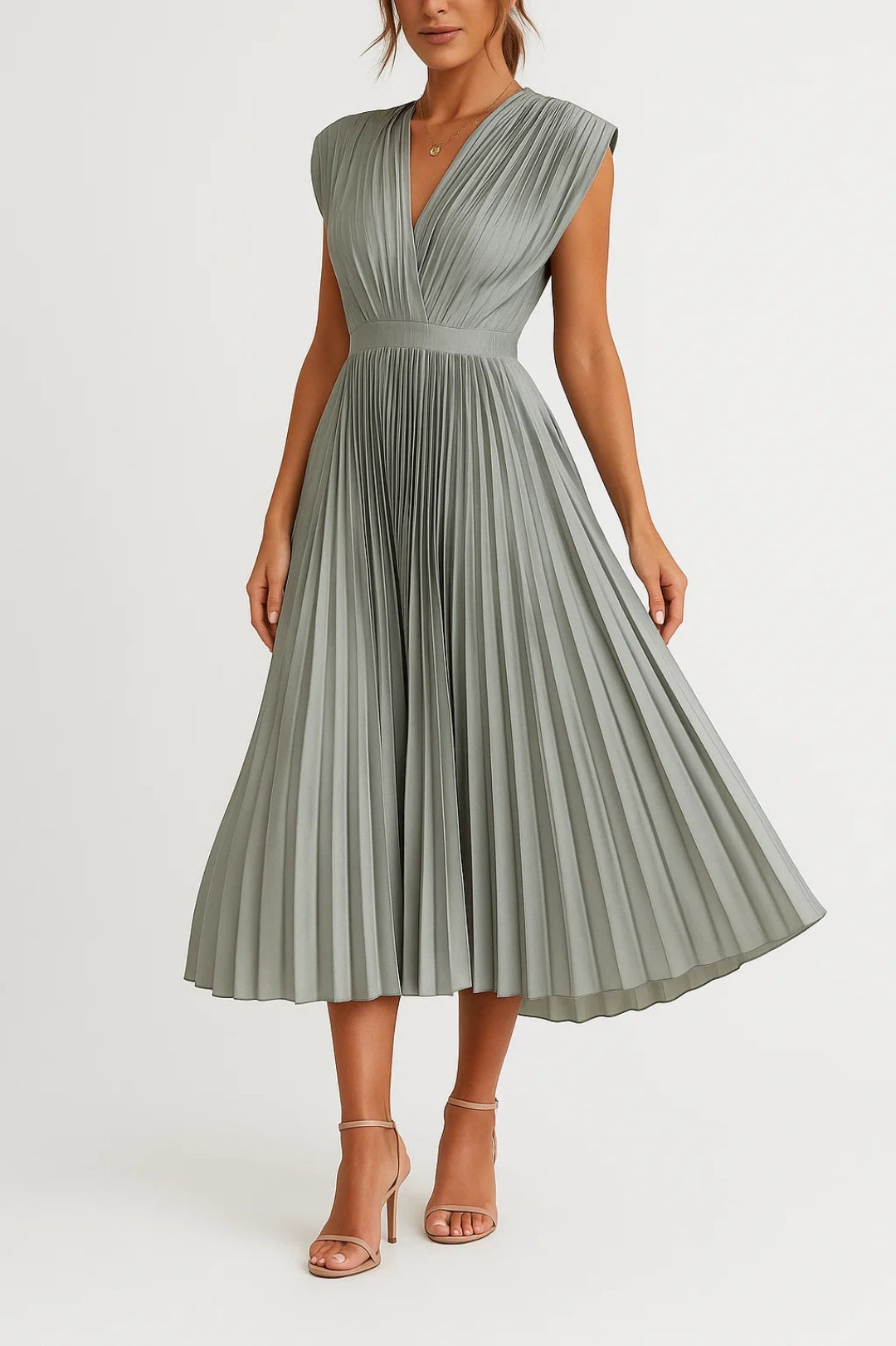 Mid-length pleated dress with V-neck | Timeless elegance